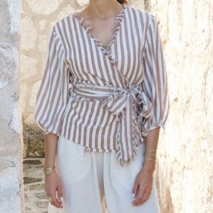 MIRTH Handmade Edition Krabi Wrap Top in Taupe Stripe